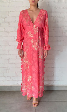Hemant And Nandita | Asha Viscose Flower Jacquard Kaftan With Printed Slip | Pink Floral