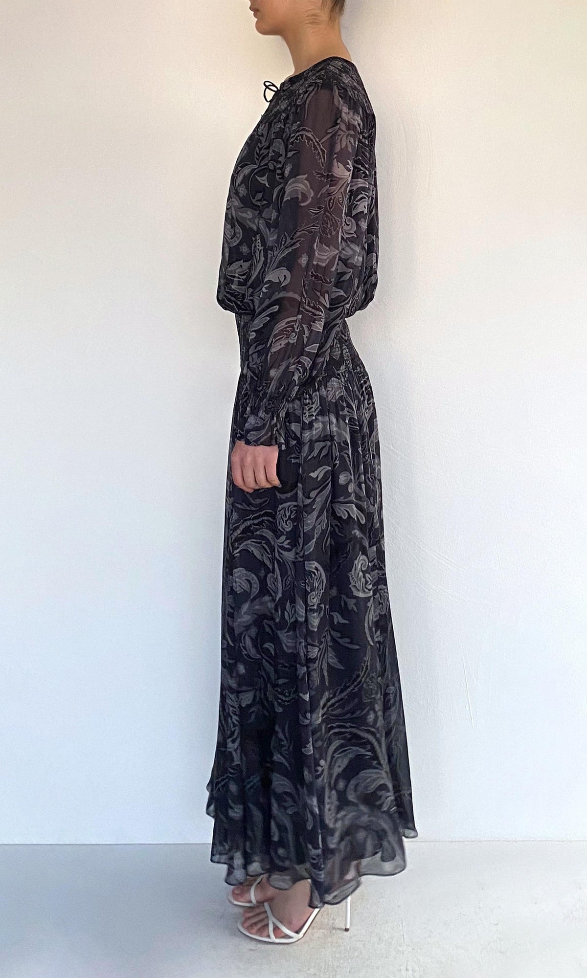 Hemant And Nandita | Atri Viscose Flat Chiffon Smocked Detail Maxi Dress | Grey