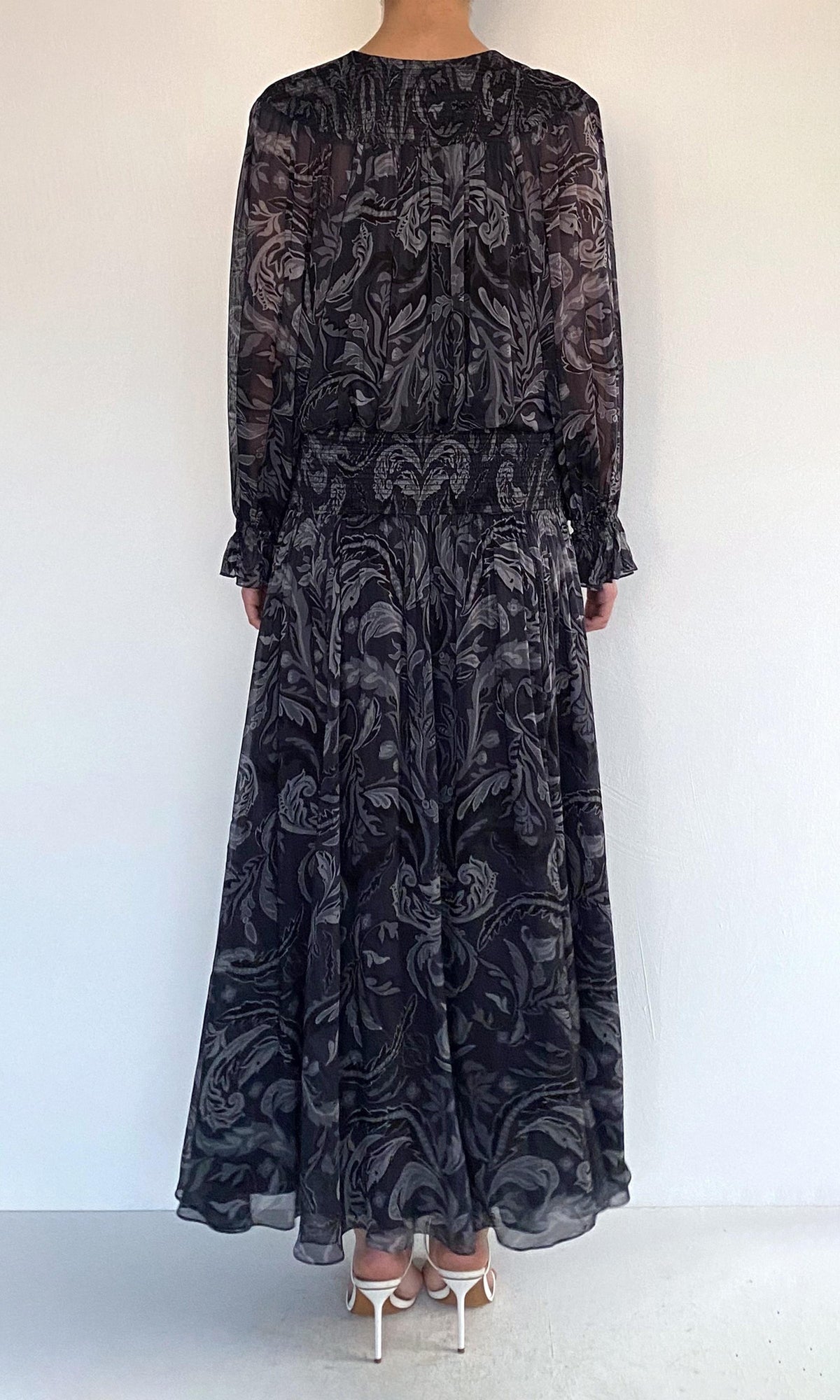 Hemant And Nandita | Atri Viscose Flat Chiffon Smocked Detail Maxi Dress | Grey