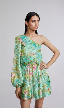 Womens | Azra Viscose Nylon Lurex Brasso Short Dress With Belt | Teal Floral