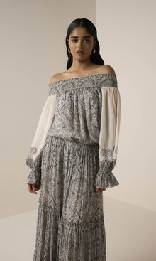 Hemant And Nandita | Chavi Viscose Flat Chiffon Smocked Detail Off Shoulder Top | Eggshell