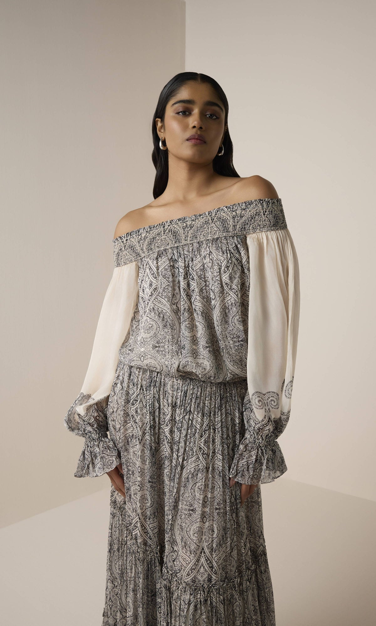 Hemant And Nandita | Chavi Viscose Flat Chiffon Smocked Detail Off Shoulder Top | Eggshell