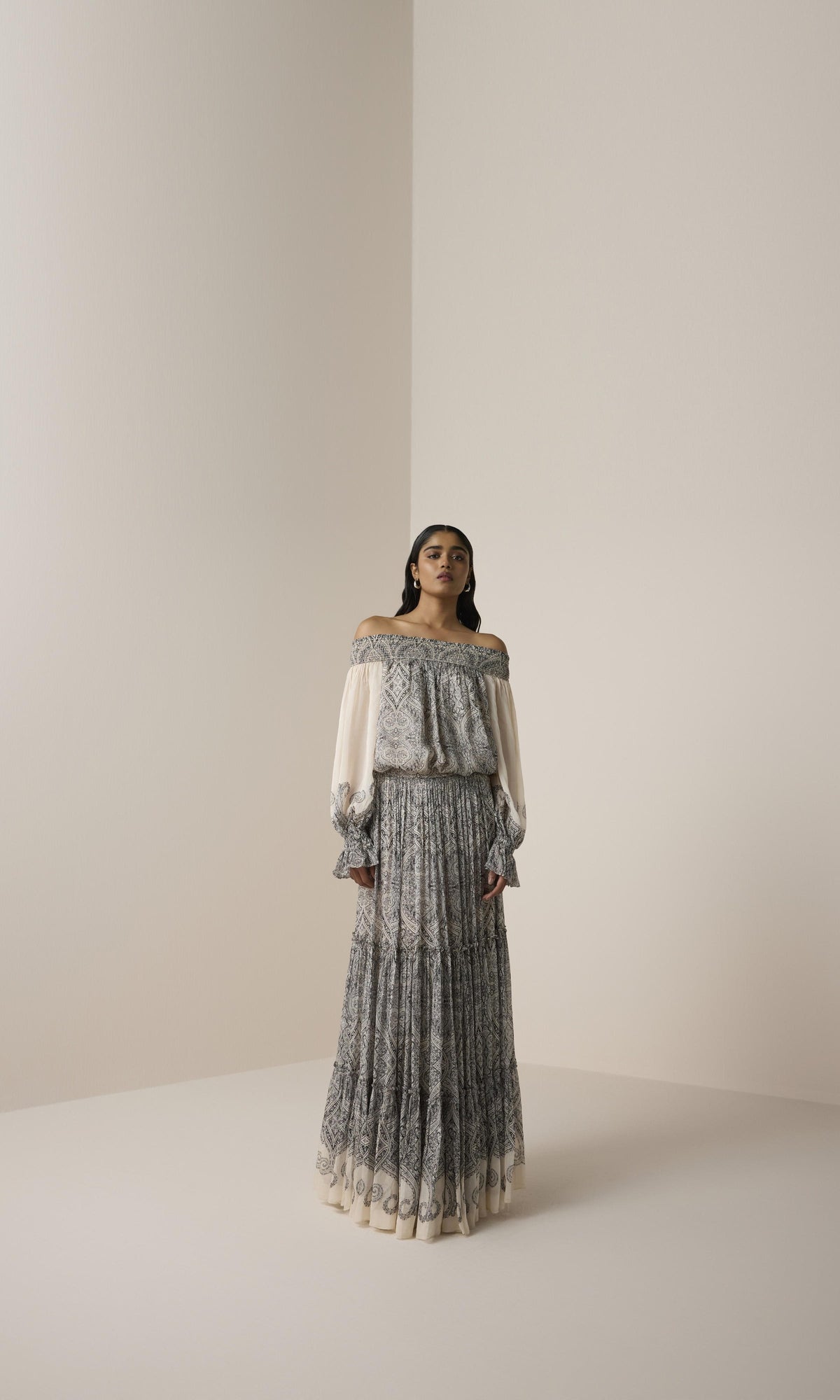 Hemant And Nandita | Chavi Viscose Flat Chiffon Smocked Detail Off Shoulder Top | Eggshell