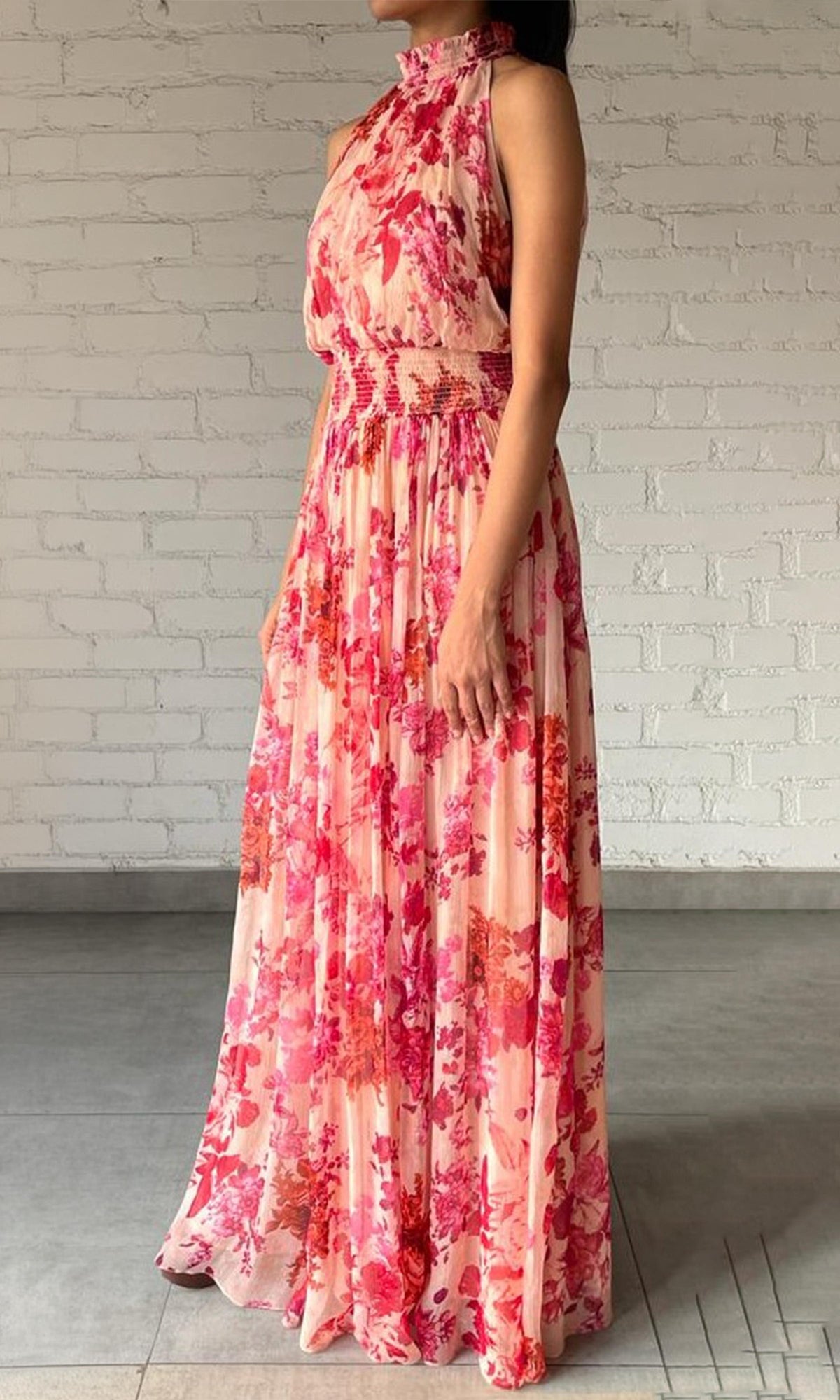 Hemant And Nandita | Dali Viscose Crinkle Chiffon Long Dress | Pink