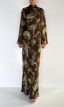 Hemant And Nandita | Dira Viscose Satin Baised Maxi Dress With Mock Neck | Dark Brown