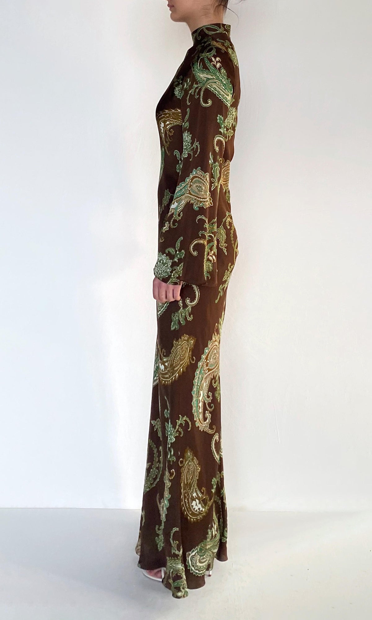 Hemant And Nandita | Dira Viscose Satin Baised Maxi Dress With Mock Neck | Dark Brown