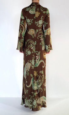 Hemant And Nandita | Dira Viscose Satin Baised Maxi Dress With Mock Neck | Dark Brown