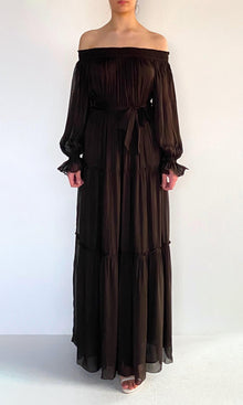 Hemant And Nandita | Dira Viscose Flat Chiffon Maxi Dress | Dark Brown