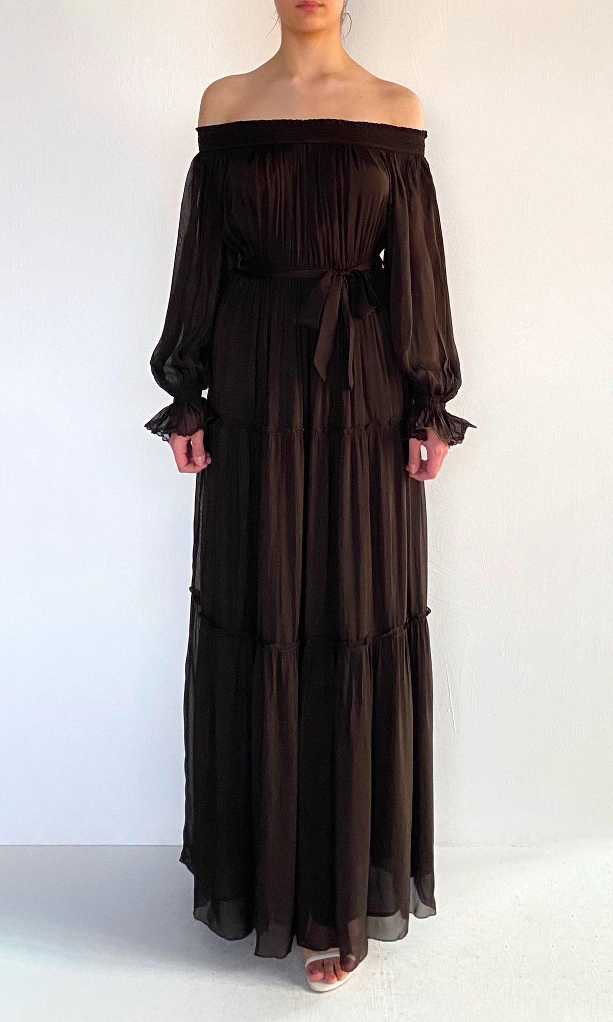 Hemant And Nandita | Dira Viscose Flat Chiffon Maxi Dress | Dark Brown