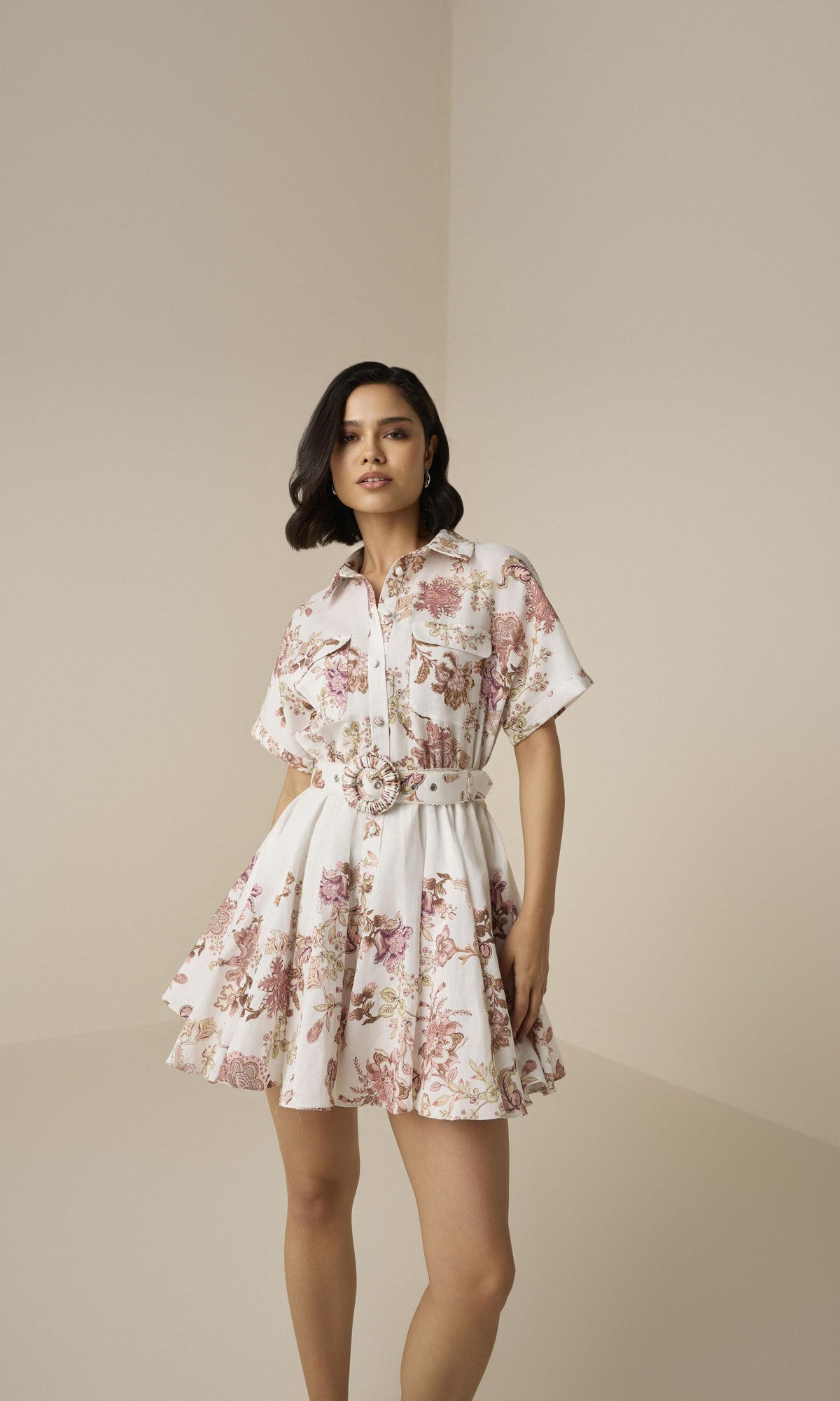 Womens | Diza Linen Cotton Short Dress With Buckle Belt | White