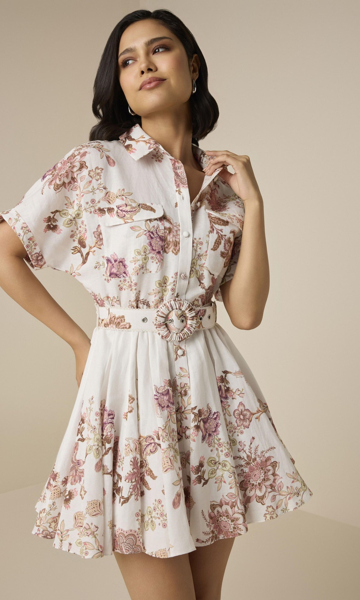 Womens | Diza Linen Cotton Short Dress With Buckle Belt | White