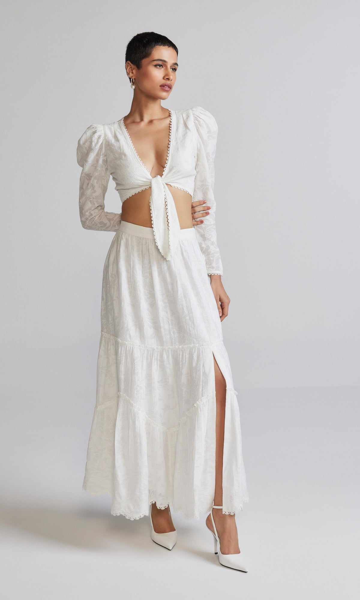 Hemant And Nandita | Ilara Viscose Nylon Jacquard Knotted Top | White