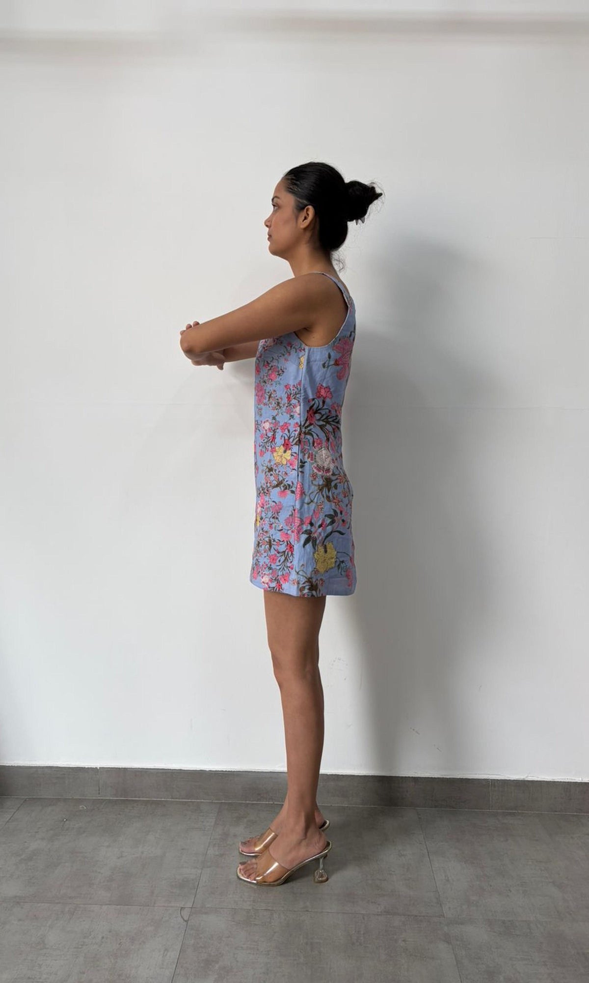 Hemant And Nandita | Inv Cotton Lilen Square Neck Short Dress | Blue Print Multi
