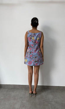 Hemant And Nandita | Inv Cotton Lilen Square Neck Short Dress | Blue Print Multi