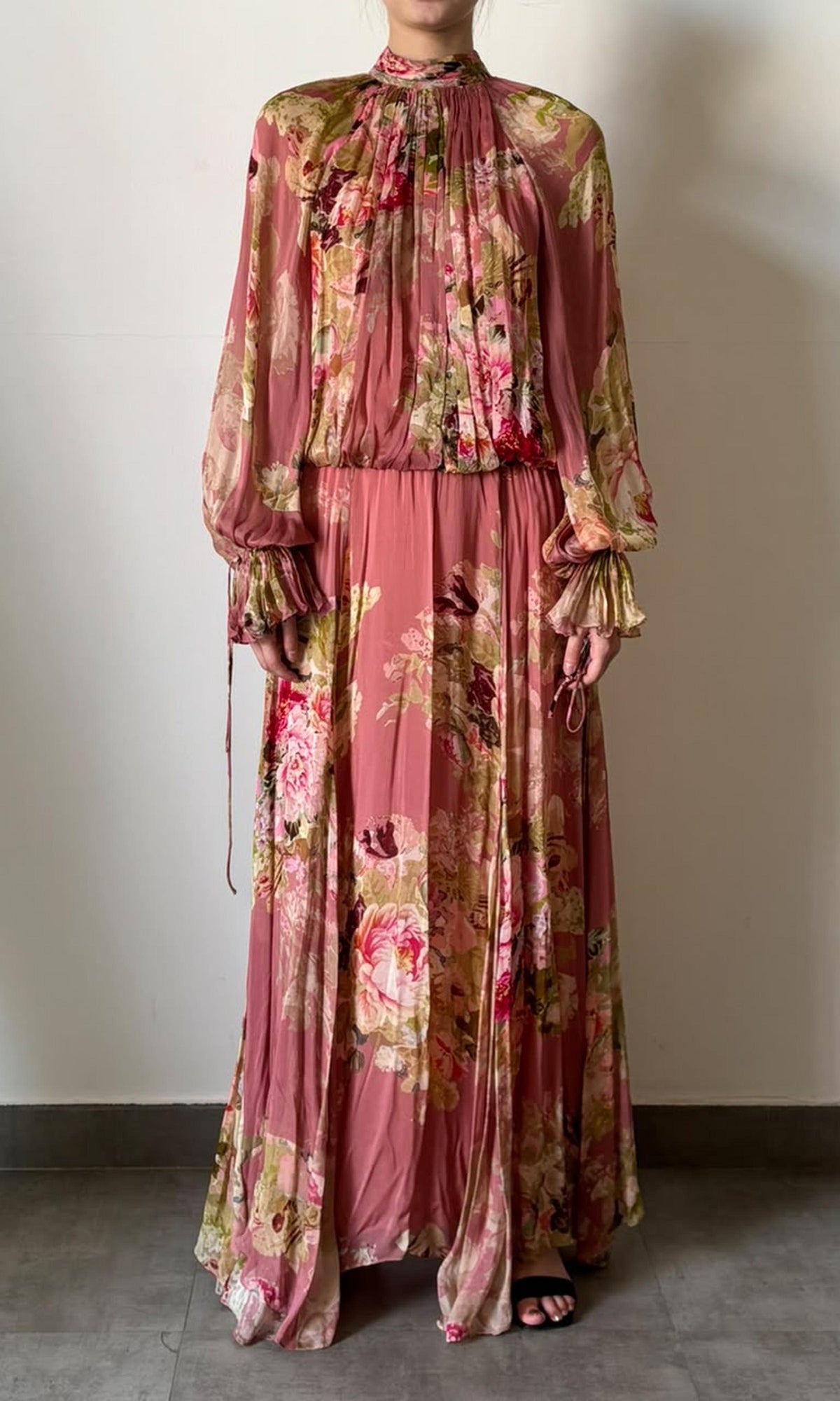 Hemant And Nandita | Inv Viscose Chiffone Flat Long Sleeves Pleated Maxi Dress | Dusty Pink