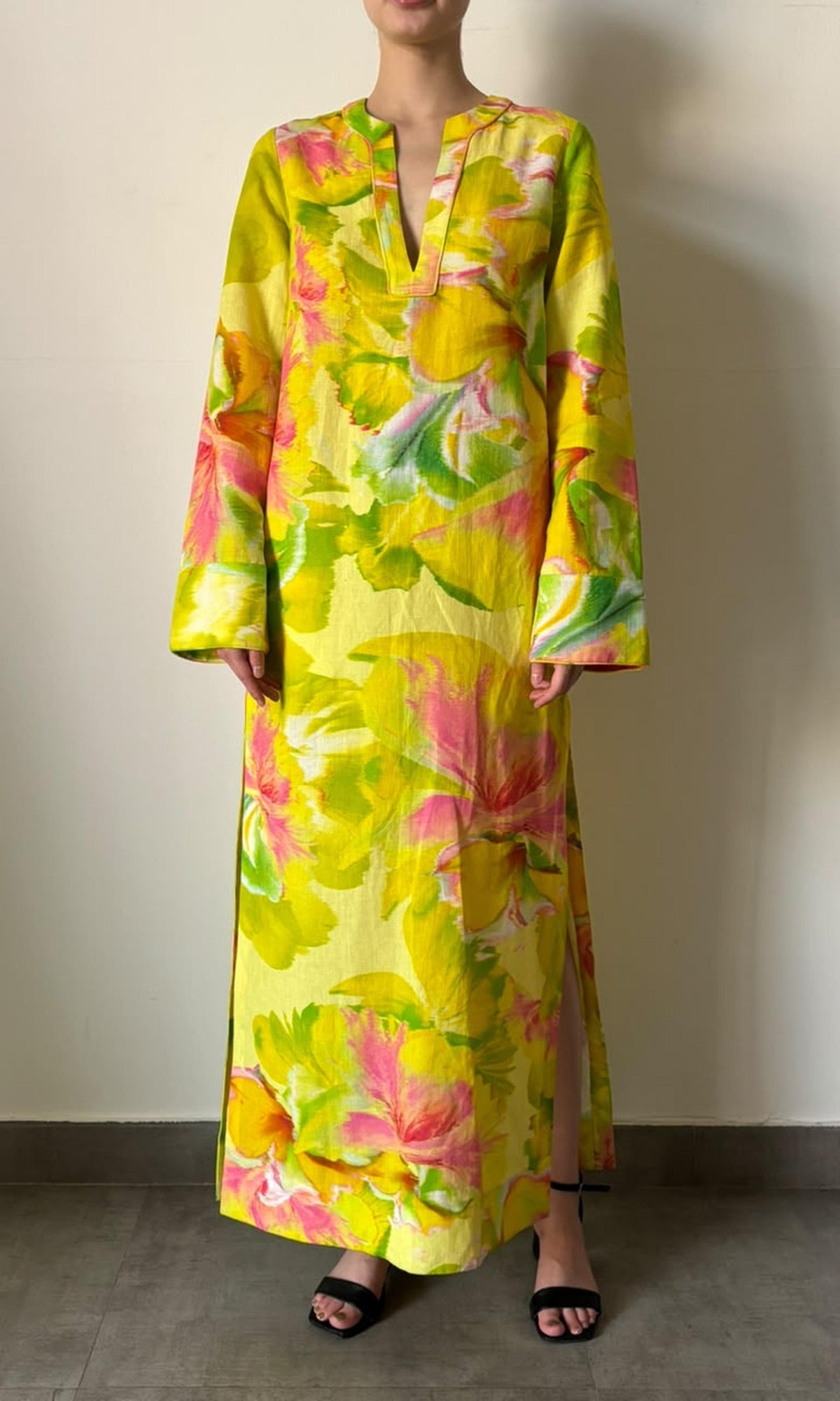 Hemant And Nandita | Inv Linen Cotton Long Dress | Yellow
