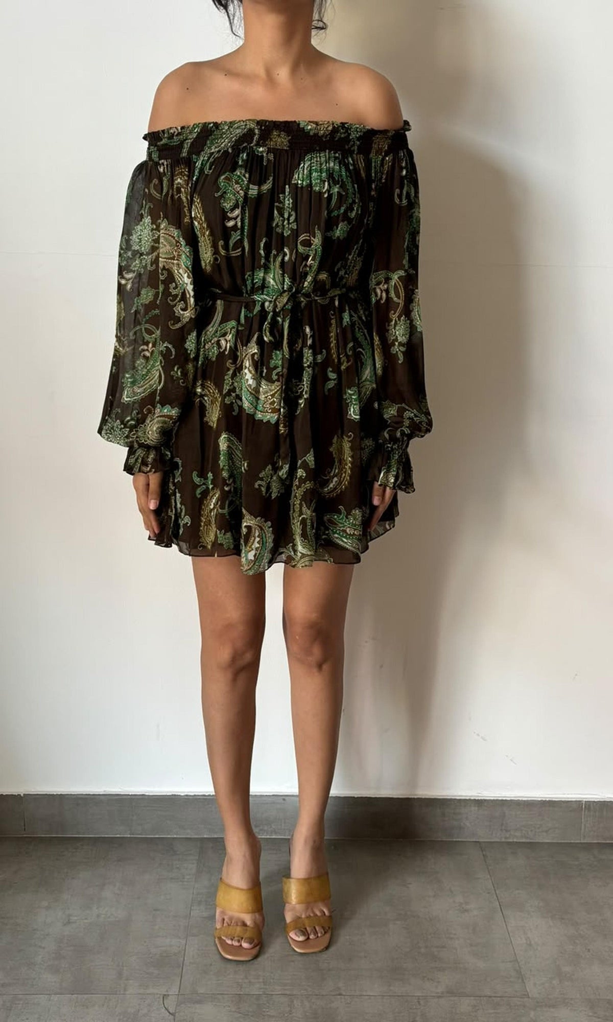 Hemant And Nandita | Inv Viscose Flat Chiffone Off Shoulder Short Dress | Brown