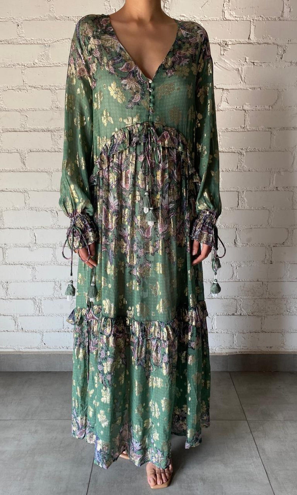 Hemant And Nandita | Inv Viscose Shimmer Georgette Lurex Long Dress | Green Print