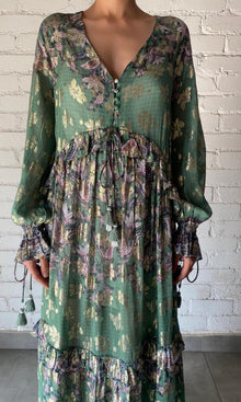 Hemant And Nandita | Inv Viscose Shimmer Georgette Lurex Long Dress | Green Print