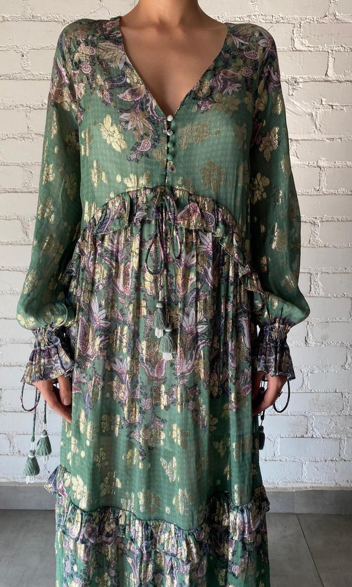 Hemant And Nandita | Inv Viscose Shimmer Georgette Lurex Long Dress | Green Print