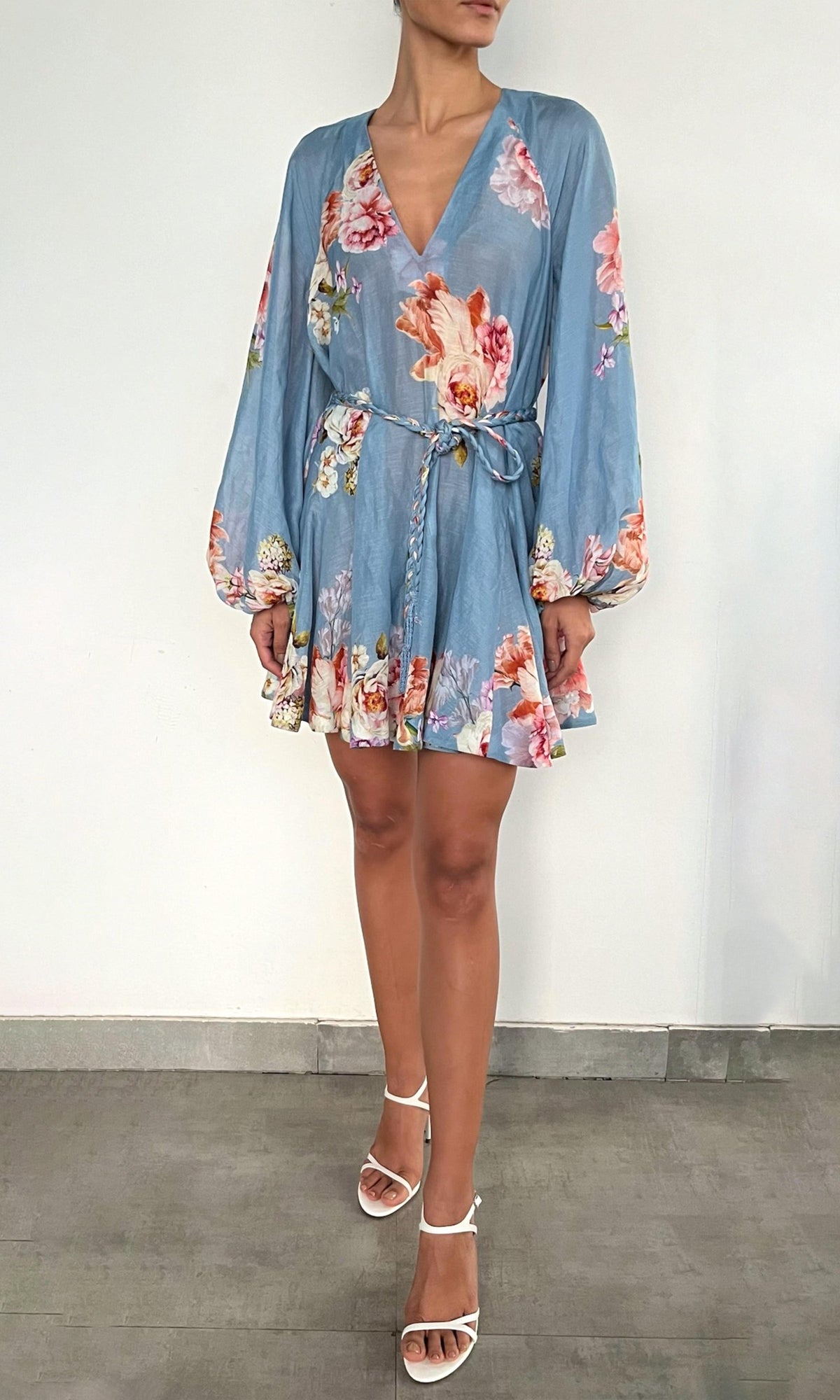 Hemant And Nandita | Kavi Viscose Organza Linen Short Dress With Tie Up Belt | Pink Blue Multi
