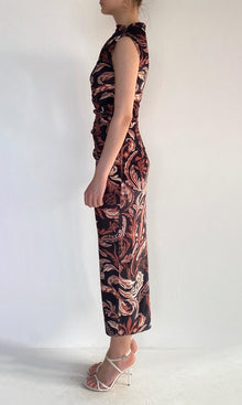 Womens | Lira Polyester Velvet Lycra Mock Neck Midi Dress | Brown