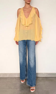 Hemant And Nandita | Nain Viscose Flat Chiffon Cold Shoulder Ruffle Top | Yellow