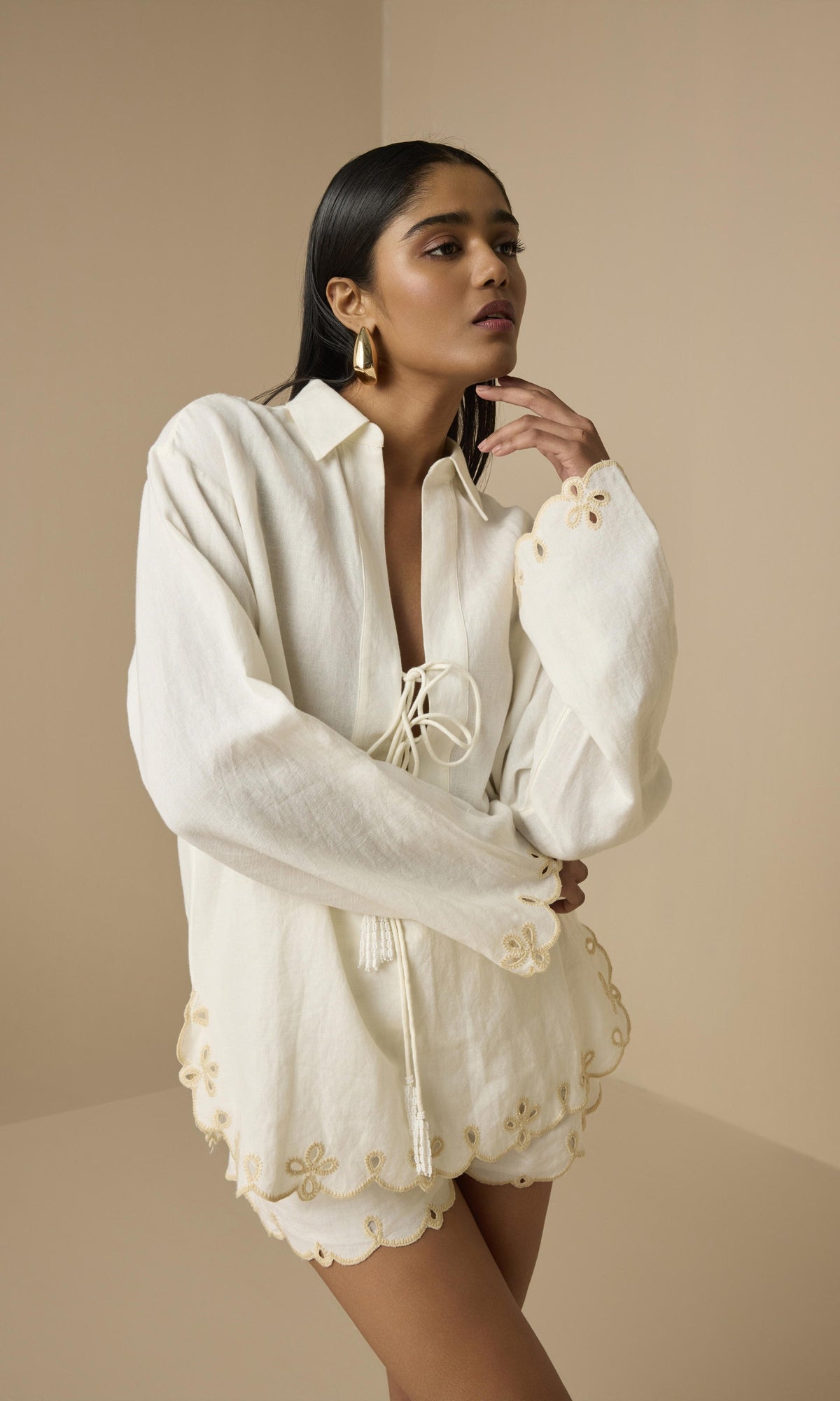 Hemant And Nandita | Nain Linen Cotton Drop Shoulder Collared Tunic | Off White
