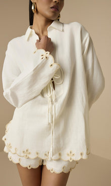 Hemant And Nandita | Nain Linen Cotton Drop Shoulder Collared Tunic | Off White