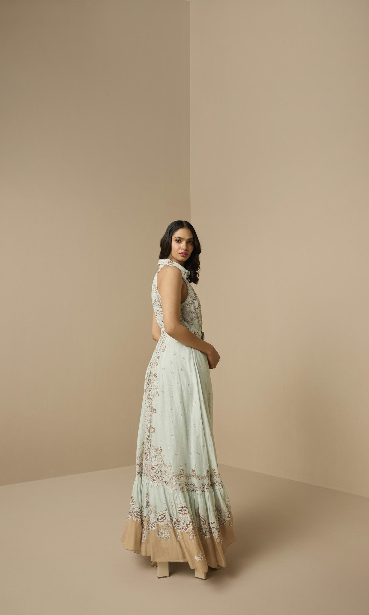 Hemant And Nandita | Navi Viscose Organza Linen Long Shirt Dress With Buckle Belt | Blue Brown