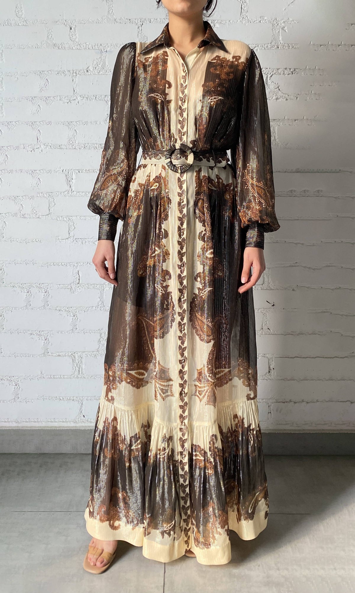 Womens | Omya Viscose Ggt Stripe Lurex Long Shirt Dress With Buckle Belt | Brown Multi