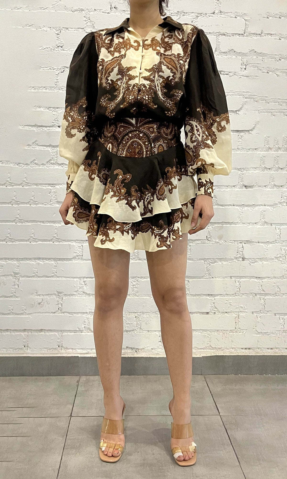Hemant And Nandita | Omya Viscose Georgette Jacquard Short Skirt | Brown Paisely