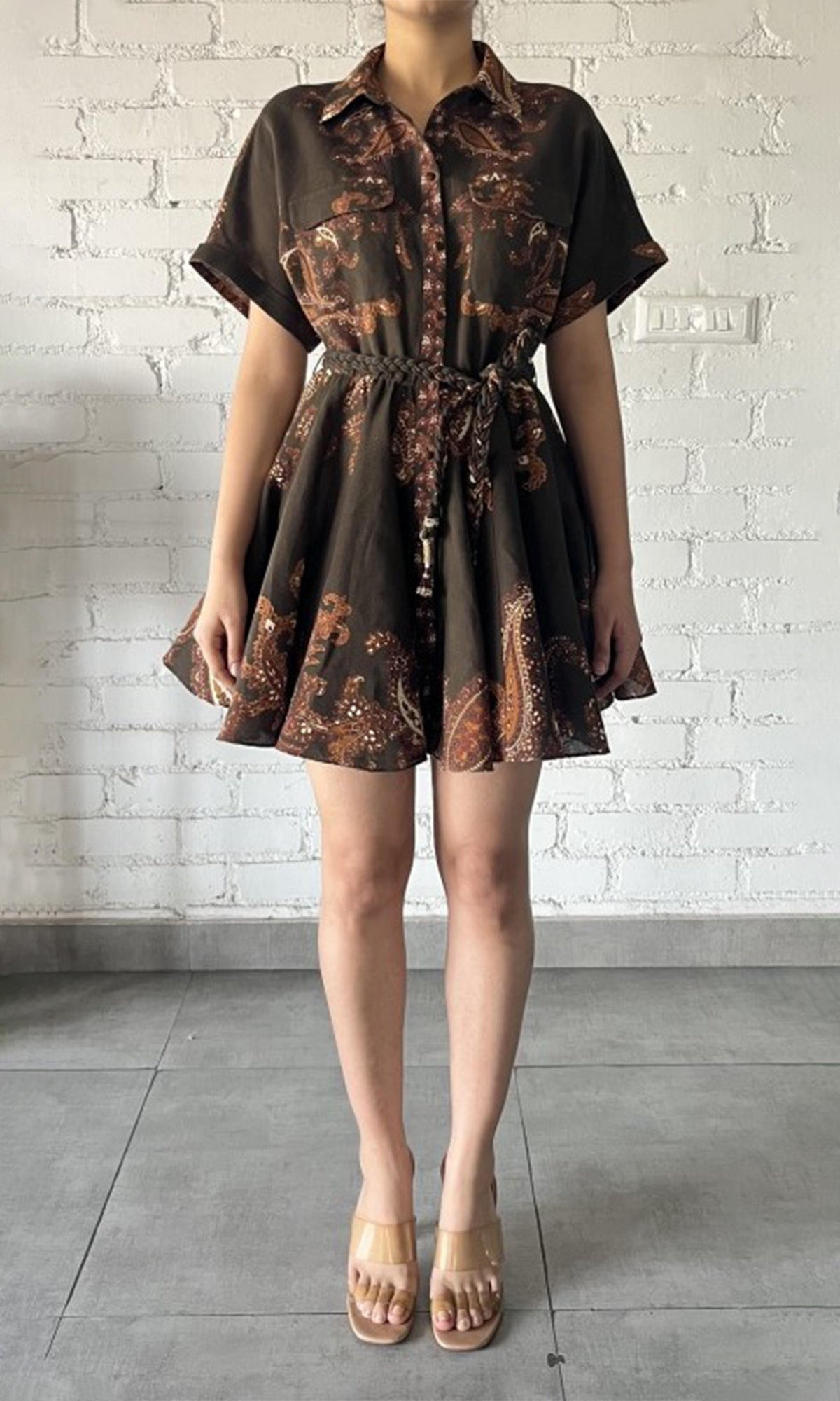 Hemant And Nandita | Omya Linen Cotton Short Dress | Brown Multi
