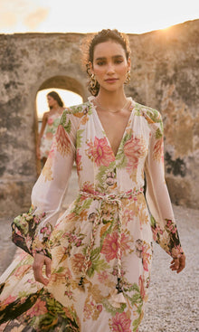 Hemant And Nandita | Pahi Viscose Crinkle Chiffon Long Dress With Braided Belt | Offwhite Floral