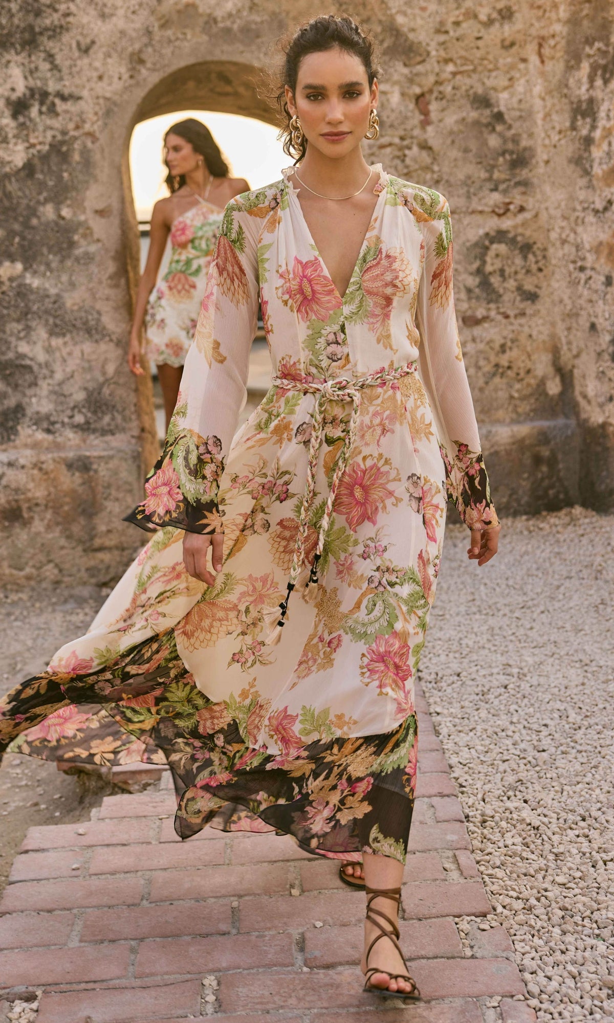 Hemant And Nandita | Pahi Viscose Crinkle Chiffon Long Dress With Braided Belt | Offwhite Floral