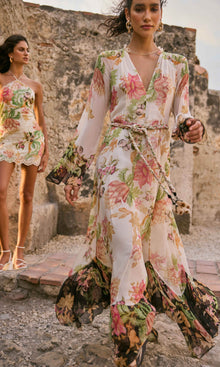 Hemant And Nandita | Pahi Viscose Crinkle Chiffon Long Dress With Braided Belt | Offwhite Floral