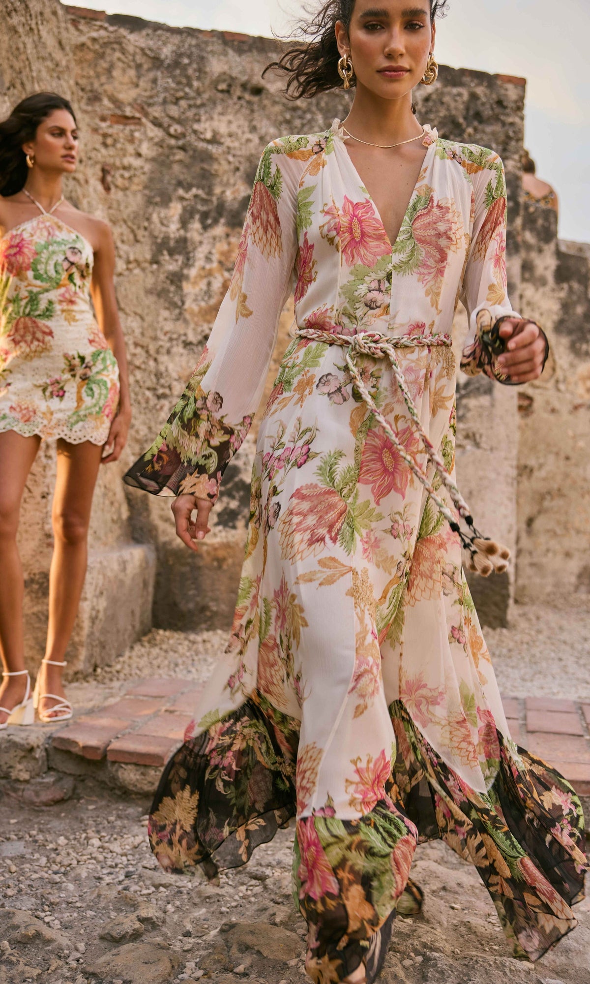 Hemant And Nandita | Pahi Viscose Crinkle Chiffon Long Dress With Braided Belt | Offwhite Floral