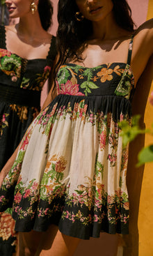 Hemant And Nandita | Pahi Viscose Organza Linen Short Dress With Quilted Yoke | Black Offwhite Floral