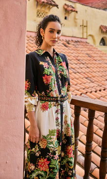 Hemant And Nandita | Pahi Linen Cotton Long Shirt Dress With Handcrafted Button And Buckle Belt | Black Offwhite Floral