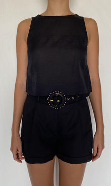 Womens | Palm Linen Cotton Button Detail Crop Top | Black
