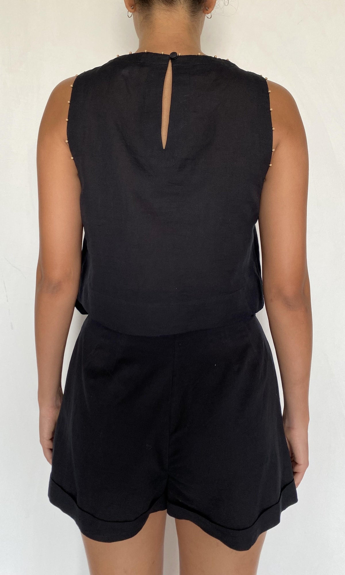 Womens | Palm Linen Cotton Button Detail Crop Top | Black