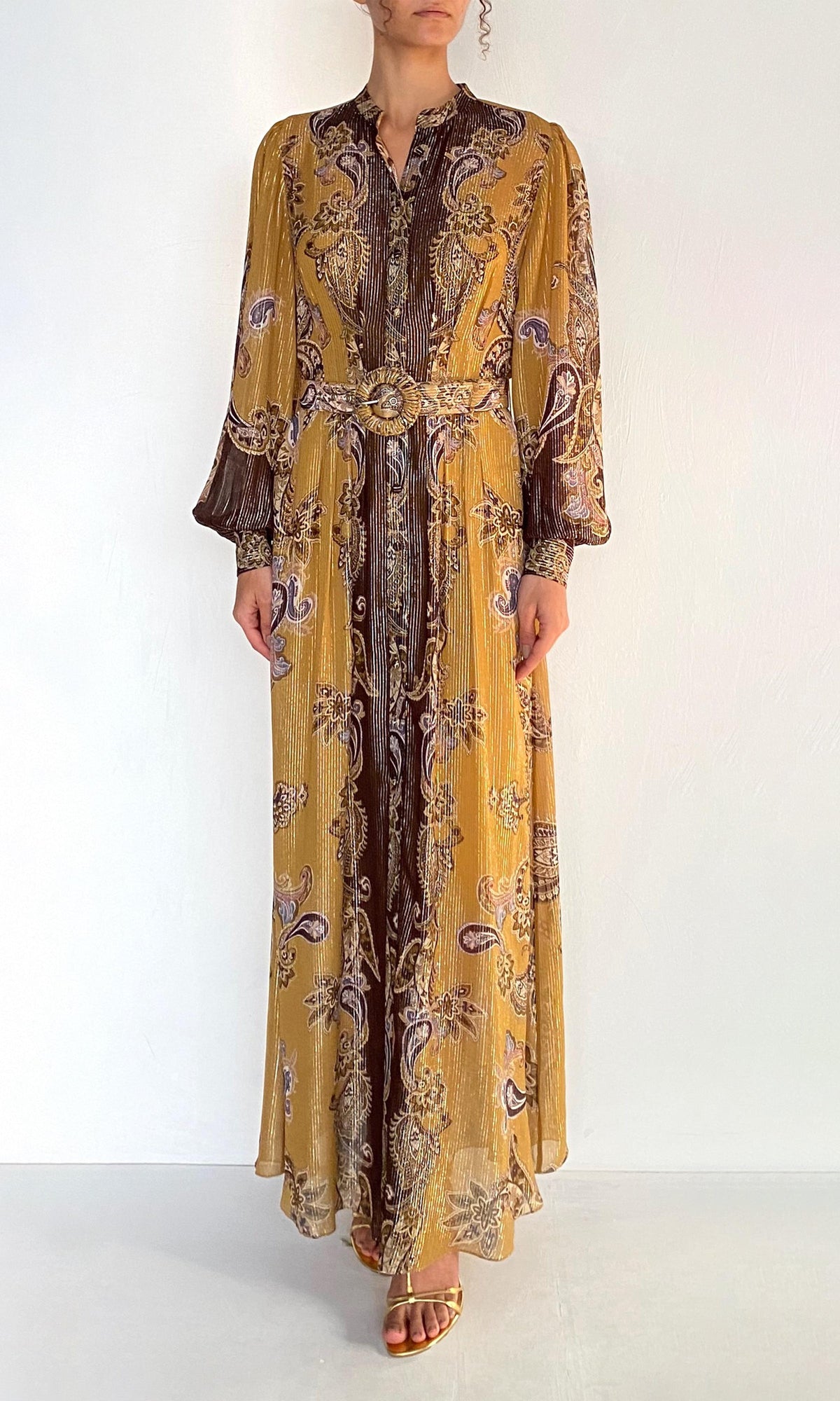 Hemant And Nandita | Reem Viscose Georgette Lurex Shirt Dress With Buckle Belt And Slip | Brown