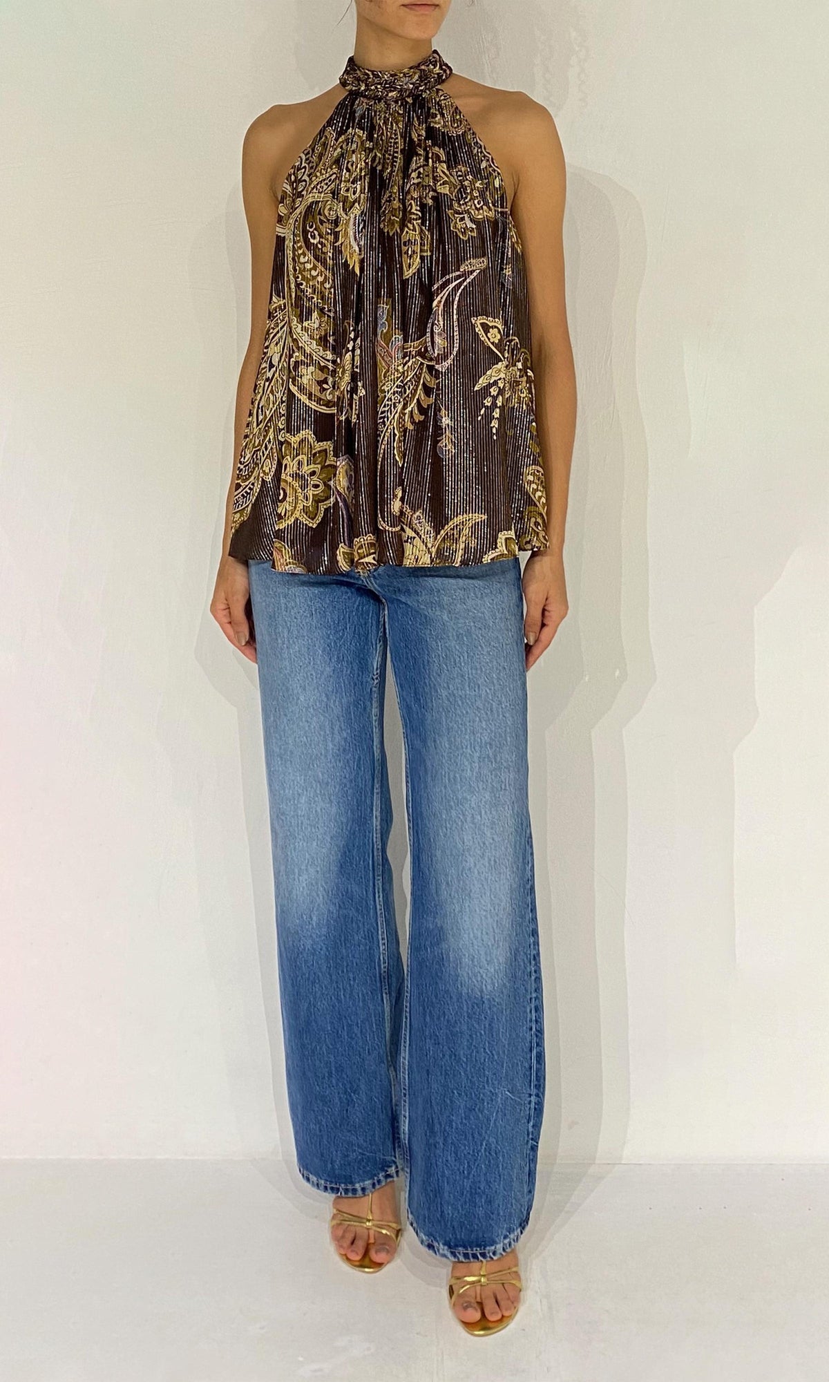 Womens | Reem Viscose Georgette Lurex Halter Neck Top | Brown