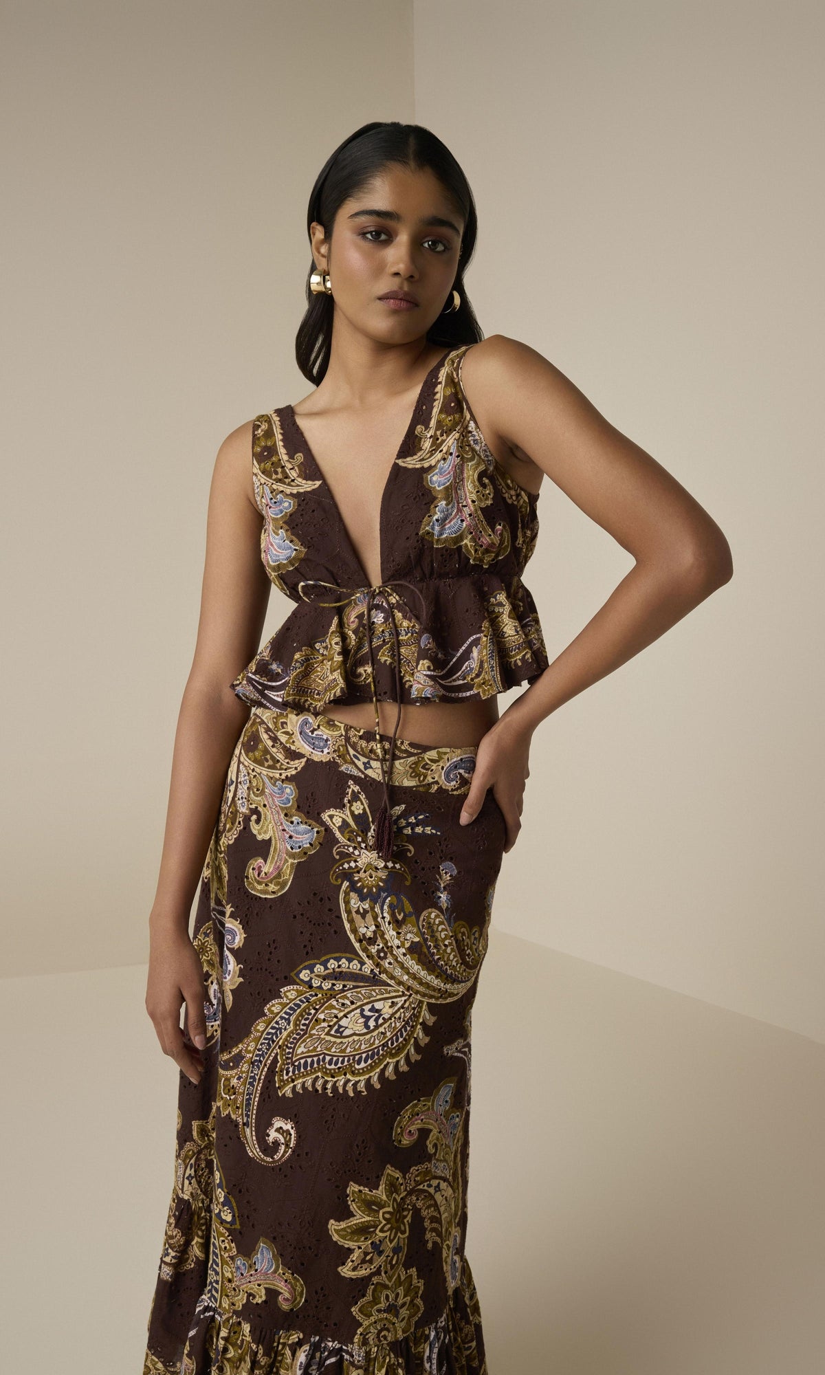 Womens | Reem Cotton Schiffli Peplum Top | Brown
