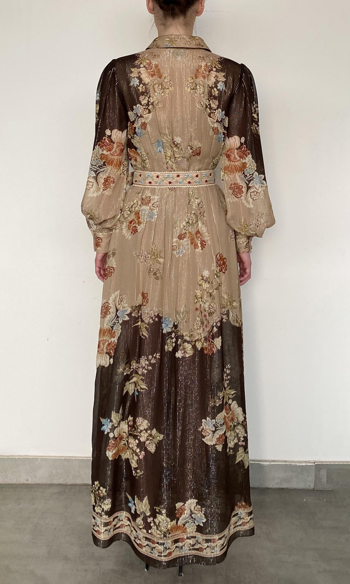 Hemant And Nandita | Rohi Gold Silver Lurex Stripe Shirt Dress With Buckle Belt | Brown Multi