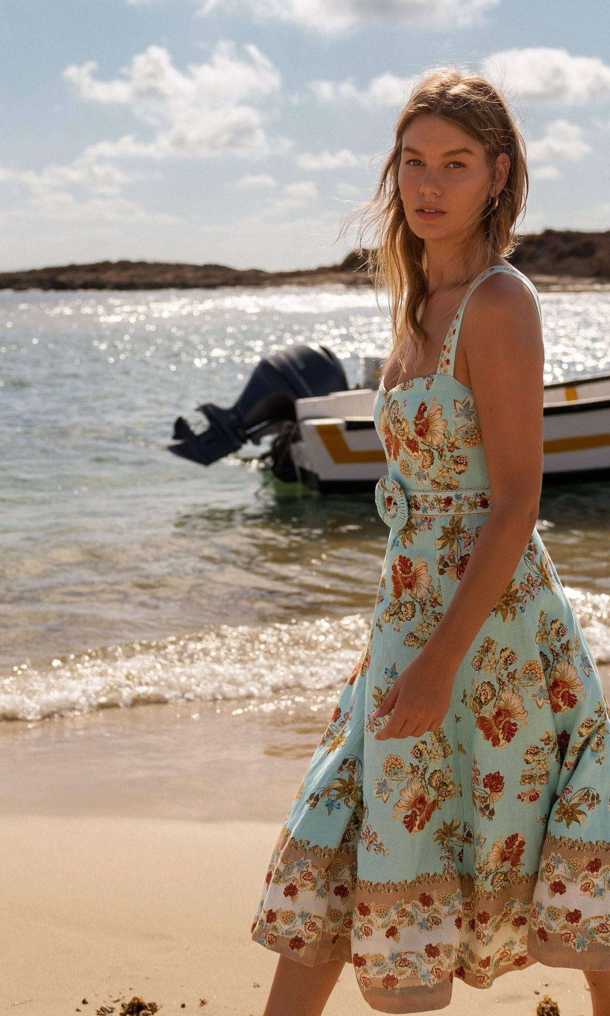 Womens | Rohi Linen Cotton Long Dress With Buckle Belt | Turquoise Multi