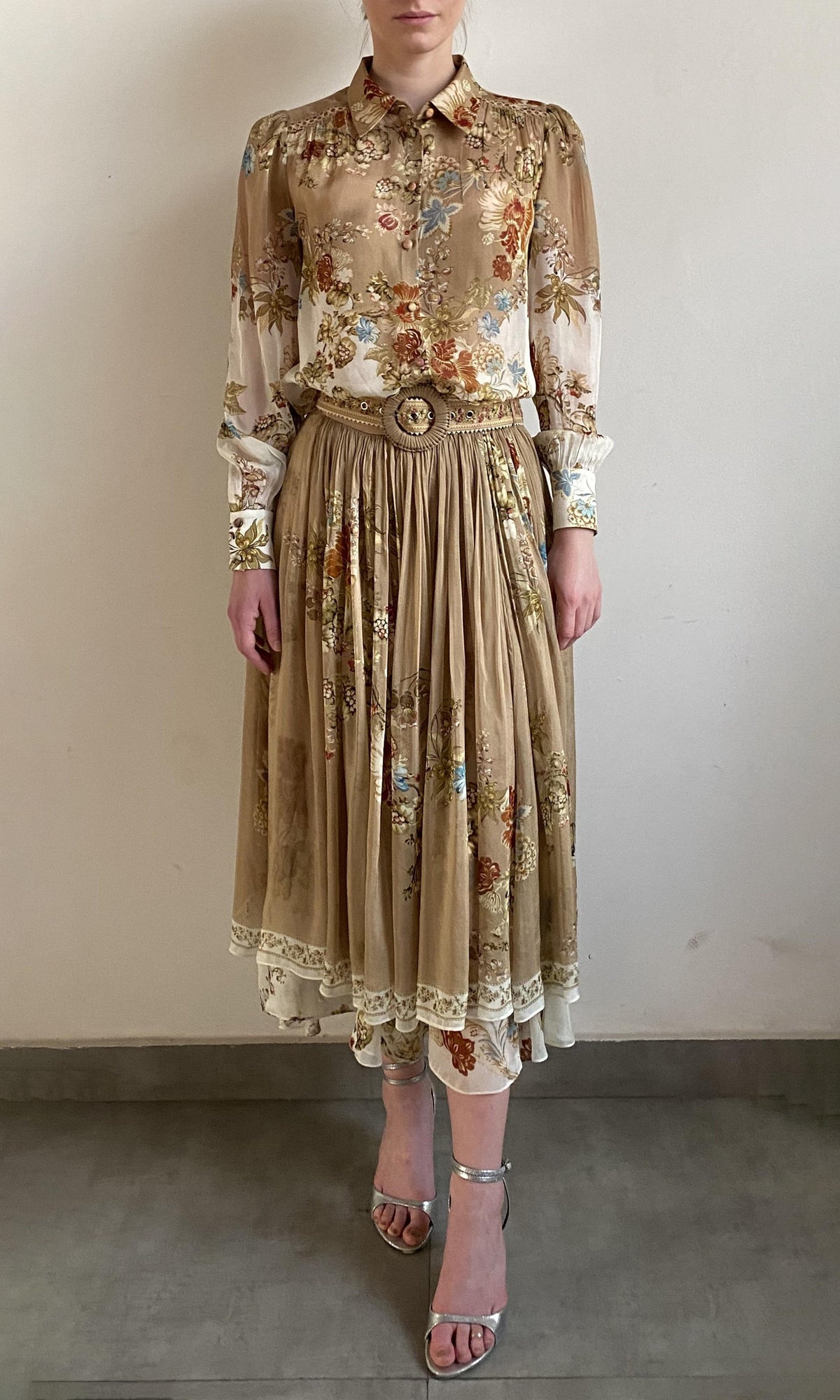 Hemant And Nandita | Rohi Viscose Flat Chiffon High Low Skirt With Buckle Belt | Brown Multi