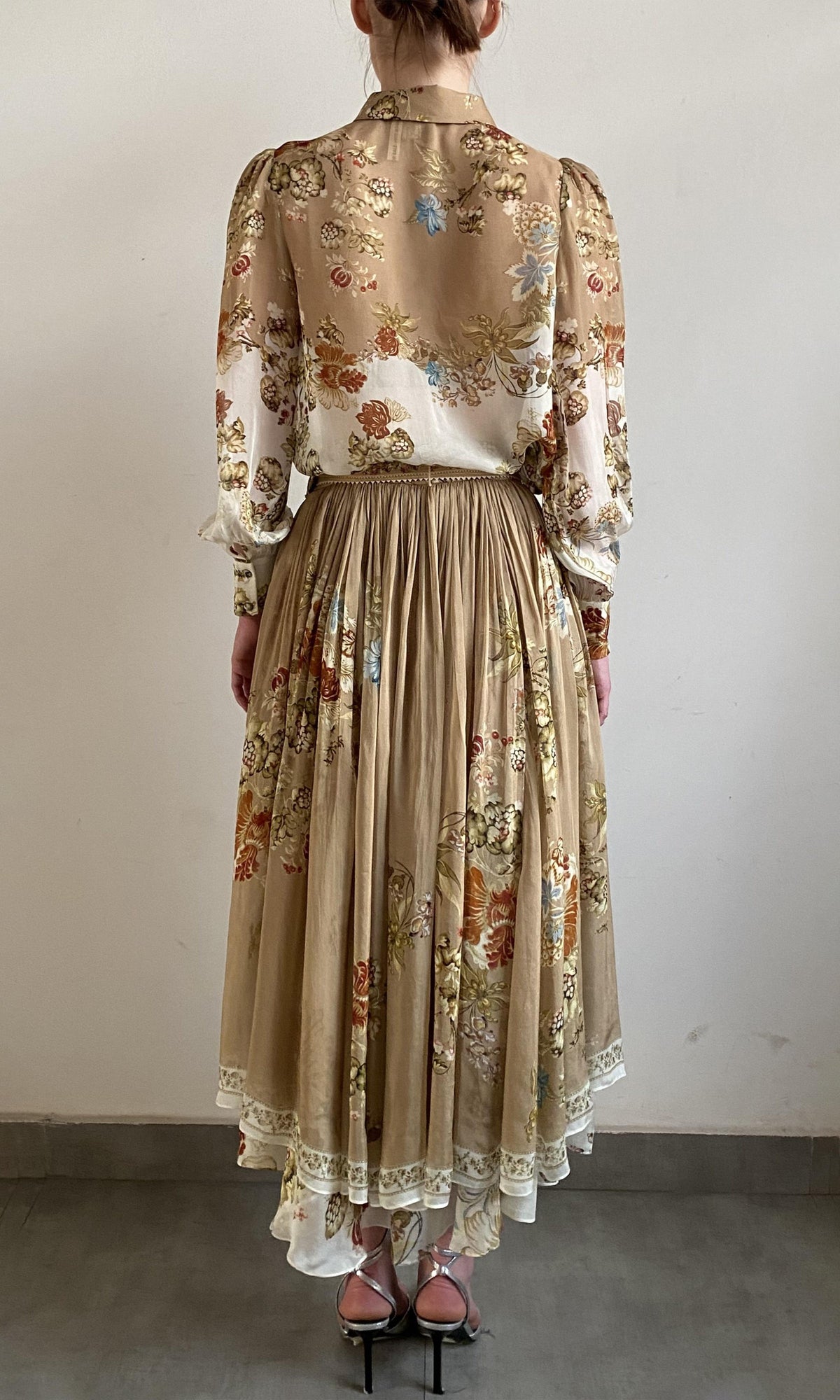 Hemant And Nandita | Rohi Viscose Flat Chiffon High Low Skirt With Buckle Belt | Brown Multi