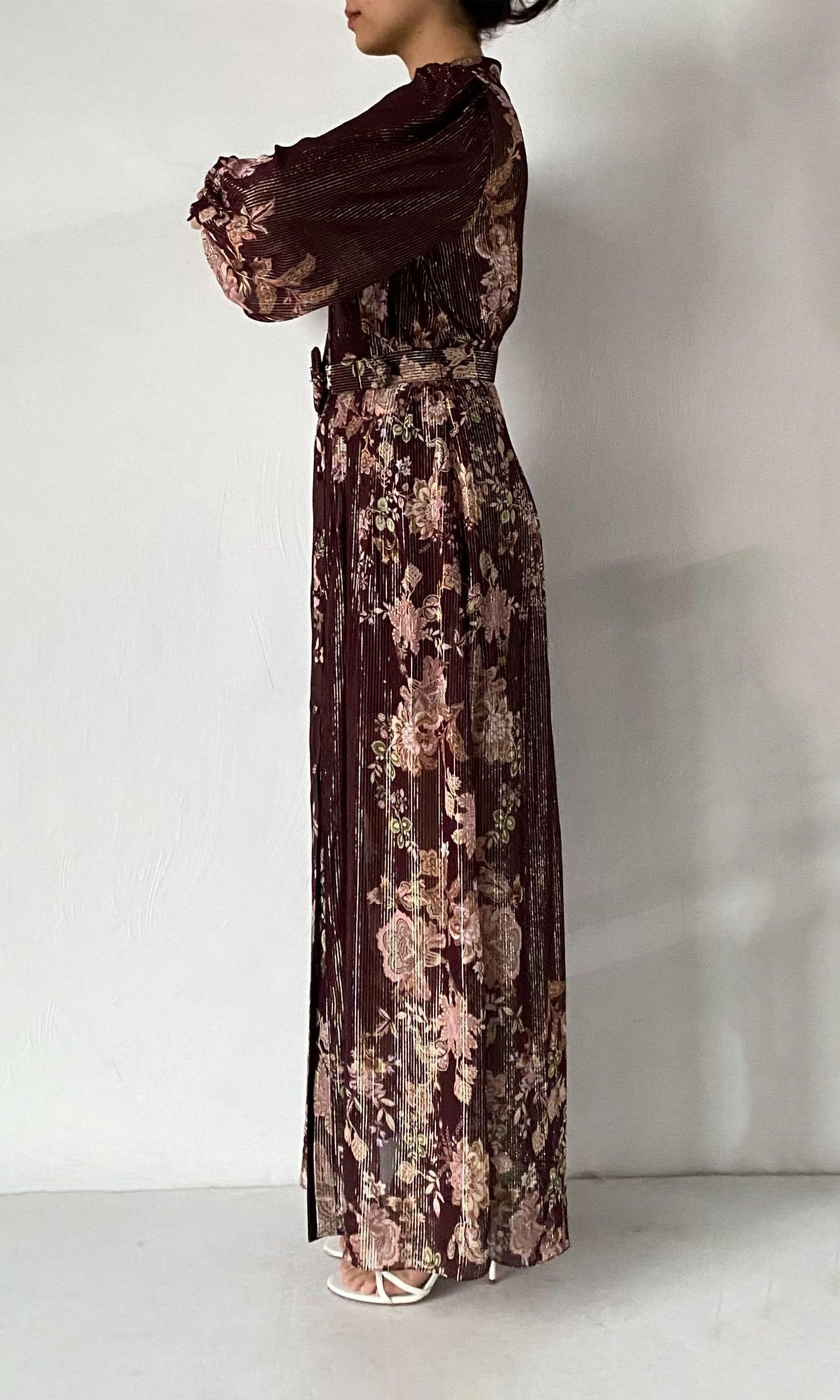 Hemant And Nandita | Savi Viscose Georgette Lurex Shirt Dress With Buckle Belt And Slip | Burgundy