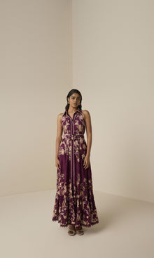 Hemant And Nandita | Savi Cotton Schiffli Long Shirt Dress With Buckle Belt | Burgundy Floral
